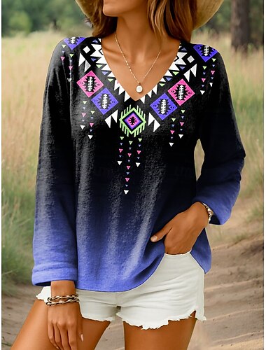  Dames Blouse Grafisch Geometrisch Stijlvol Casual Lange mouw V-hals Normale tops Dagelijks blauw Paars Oranje Groen Zomer Lente