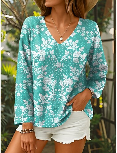  Dames Blouse Bloemig Grafisch Stijlvol Casual Lange mouw V-hals Normale tops Dagelijks Geel Rood blauw Groen Zomer Lente