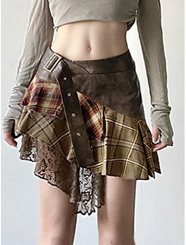  Femmes Jupe Trapèze Mode Occasionnel Mini Taille haute Jupes Plaid Ourlet irrégulier Micro-Élastique Rue Quotidien Marron Été Polyester