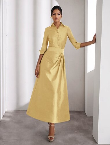  A-Linie Cocktailkleider Elegant Kleid Formell Hochzeit Knöchellänge Langarm Hemdkragen Taft mit Falten Schlitz 2025