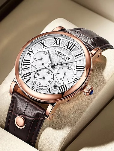  Herren Klassische Quarzuhr – Chronograph Stil Wasserdichter Lederarmband Business Freizeit Analoge Armbanduhr