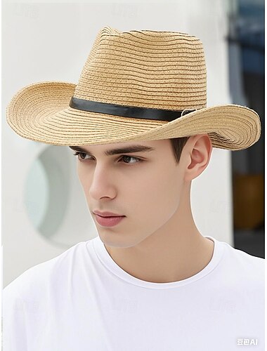  Sammenleggbar stråcowboyhatt for menn med svart bånd – sommerhatt i westernstil for strand, reiser og fritidsklær