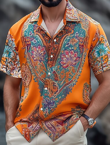  Homme Imprimé Floral Indien Bohème Chemise Chemise hawaïenne Chemise Boutonnée Manche Courte Hawaïen Vacances Fête Tenue de plage Été Printemps Col Rabattu Impression 3D chemises à col Bleu Orange