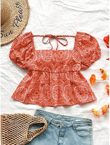  Damen Sommeroberteile Mode Kurzarm Quadrathals Crop Tops Ausgehen Rote Sommer