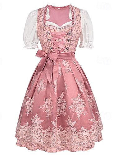  Costume Vestito Dirndl Bavarese da Donna con Grembiule in Pizzo e Blusa Rosa Satin Ricamato per il Festival Oktoberfest