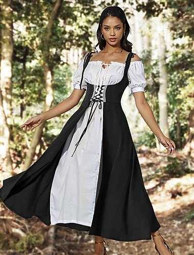  Rétro Vintage Médiéval Renaissance Chemise Sur-robe Ren Faire Viking Irlandais Elfe Deux Pièces Femmes Celtique Pirate Fantaisie Halloween Mascarade Vacances Décontracté Quotidien Festival Robe