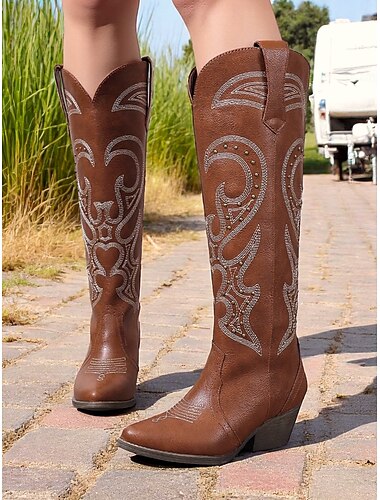 Damen Western-Cowboystiefel mit gesticktem Design – stylische braune Stiefel mit Blockabsatz für Musikfestivals, Freizeitkleidung und Outdoor-Events