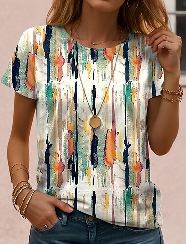  Dames T-shirt Grafisch Geometrisch Gestreept Vintage Stijlvol Klassiek Korte mouw Strakke ronde hals Normale tops Dagelijks Afdrukken Zwart Wit Marine Blauw blauw Paars Zomer Lente