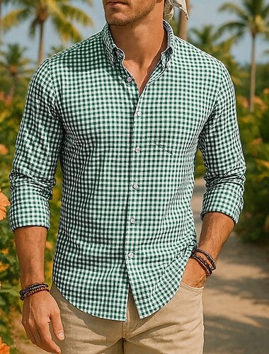  Men's Shirt Summer Shirt Casual Shirt Beach Shirt Button Up Shirt Red Blue Green Long Sleeve Plaid Lapel Vacation Hawaiian Clothing Apparel 100% Cotton Fashion Casual Comfortable