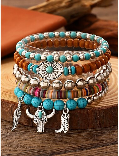  Damen-Set mit Perlenarmband im Boho-Western-Charm-Stil – mehrlagiger Stretch-Stapel mit Türkis, Holzperlen und Cowboystiefel-, Feder- und Bullenschädel-Charms – Festival-, Freizeit- und Geschenkschmuck