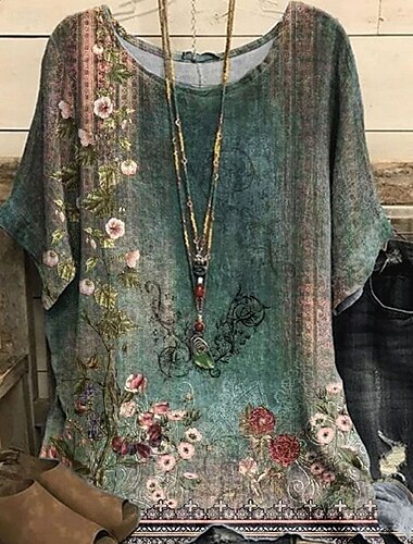  Damen Hemd T Shirt T-Shirt Blumen Elegant Mode Modern Kurzarm Rundhalsausschnitt Normale Oberteile Täglich Wochenende Druck Weiß Gelb Hellgrün Purpur Grün Sommer