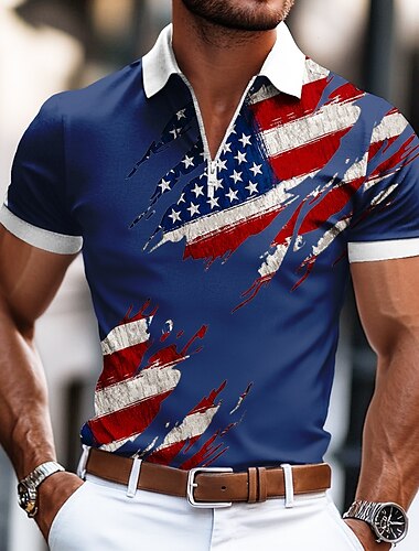 Tag der Unabhängigkeit Herren Amerikanische US-Flagge Reißverschluss-Polo Kurzarm Umlegekragen Lässig / Sportlich Alltagstauglich Festival 3D-Druck Grafik Sommer Schwarz Weiß Blau
