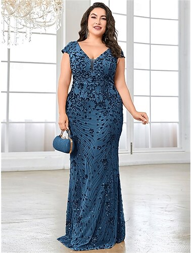  Sjöhästrar  Trumpet Plus Size Klänningar Elegant Kurva Klänning Formell Bröllop Golvlängd Kort Ärmar V-ringning Spets Rygglös med Paljetter 2025