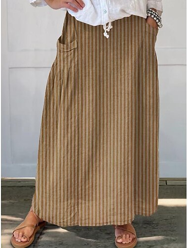  Dam Kjol A-linje bohemliv Vintage Ledigt Maxi Hög midja Kjolar Randig Ficka Mönster Microelastisk Gata Dagligen Blå Brun Aprikos Grå Sommar Polyester Bomullsblandning
