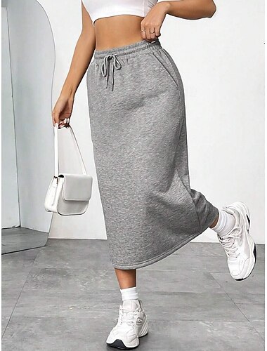  Damen Rock Einfarbig Mode Lässig Maxi Hochtaillierte Röcke Einfach Tasche Dehnbar Straßen Täglich Schwarz Grau Sommer Polyester