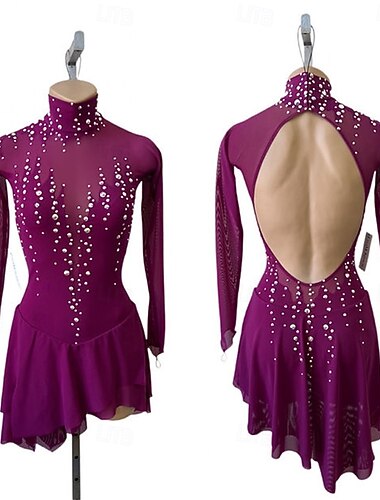  Kunstskøjtekjole Dame Pige Skøjteløb Kjoler Rosa Patchwork Åben Ryg Net Spandex Høj Elasticitet Træning Konkurrence Skøjtetøj Klassisk Krystal / Rhinsten Langærmet Is Skøjtning Kunstskøjteløb