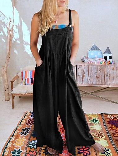  Damen Normal Jumpsuit Latzhose Streetwear Einfarbig Ärmellos U-Ausschnitt Tasche Street Ausgehen Regular Fit Schwarz Weiß Gelb Sommer