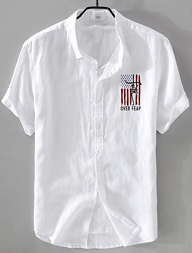  Herre Linned skjorte Casual skjorte Skjorte i bomuldshør Button Up skjorte Flag Ferierejse Gade Hvid Mørk Marineblå Himmelblå Kakifarvet Kortærmet Knaphul Sommer Tøj Spænde