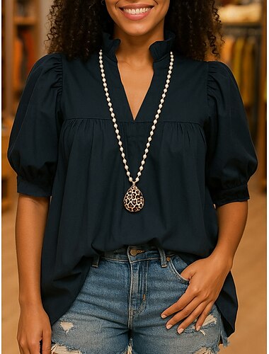  Mujer Tops de verano Color sólido Casual Estilo playero Media Manga Escote en Pico Tops regulares Azul polvoriento Verano