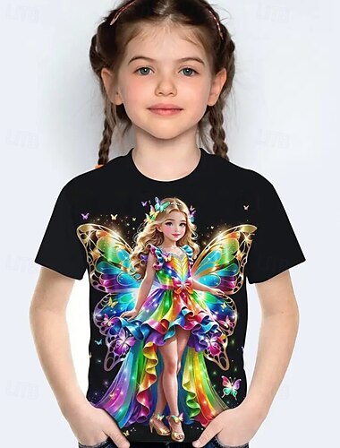  Mädchen 3D Cartoon Schmetterling T-Shirt Kurzarm Sommer Frühling Mode Basic Kinder 4-12 Jahre Rundhalsausschnitt Outdoor Lässig Täglich Normale Passform