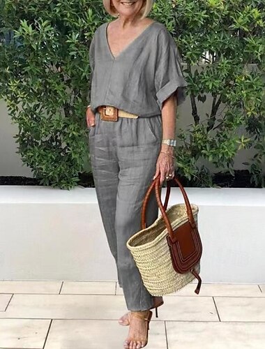  Damen Aktiv Basic Baumwoll-Leinen-Hemden Bluse Hosen-Sets Kurzarm V Ausschnitt Einfarbig Urlaub Alltagstauglich Gelb Armeegrün Dunkelmarine Sommer Normale Passform