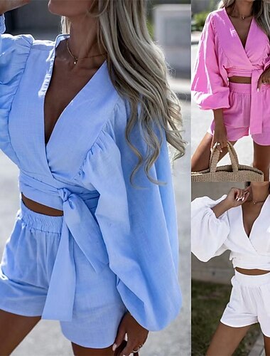  Damen Mode Streetwear Baumwoll-Leinen-Hemden Baumwoll-Leinen-Sets Shorts-Sets Kurzarm Tiefer V-Ausschnitt Einfach Druck Alltagskleidung Date Rosa Blau Sommer Normale Passform