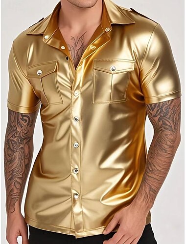  Chemise en similicuir brillant à manches courtes pour homme, idéale pour les défilés de la fierté, les festivals, les drags et les soirées en cuir &mode boîte de nuit