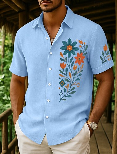  Herren Hemd Leinenhemd Sommerhemd Strandbekleidung Knopfhemd Blumenmuster Urlaub Kreuzfahrt Rosa Marineblau Grün Khaki Kurzarm Kragen Sommer Frühling & Sommer Bekleidung