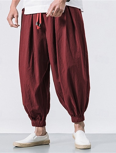  Herr Joggare Linne Byxor Långbyxor Sommarbyxor Strandbyxor Snörning Elastisk midja Släpp grenen Slät Dagligen Gym Streetwear Ledigt Hiphop Lös passning Svart Vit