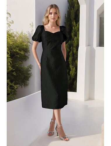  Himmelblaues Jacquard Kleid Säulen Cocktailkleider Midi Kleid Formell Semi-Formal Hochzeit Tee Länge Kurzarm Blubberärmel Herzausschnitt Hochzeitsgast Kleid 2025