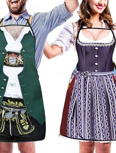  2-delat oktoberfestförkläde för par, tysk dirndl med justerbara knytlinor, matlagning, trädgårdsskötsel, grillning, bakning, roliga kostymer, München, Wiesn, halloween, karneval