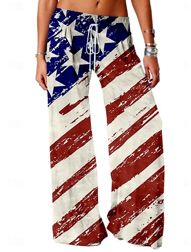  Unabhängigkeitstag Damen Weite Bein Chinos Urlaub Mode Streetwear Lange Hohe Taille Hosen Amerikanische Amerikanische Flagge Tasche Elastischer Bund Druck Bequem Weich Komfortabel Mikro-elastisch