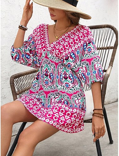  Damen Minikleid A Linie Kleid Urlaub Lässig Boho Outdoor Ausgehen Normale Passform Blumen Grafik Dreiviertelarm V Ausschnitt Fuchsie Sommer Frühling