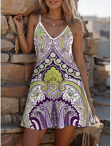  Damen Minikleid A Linie Kleid Sommerkleid Unterkleid Urlaub Lässig Täglich Normale Passform Grafik Paisley-Muster Ärmellos V Ausschnitt Blau Orange Grün Sommer