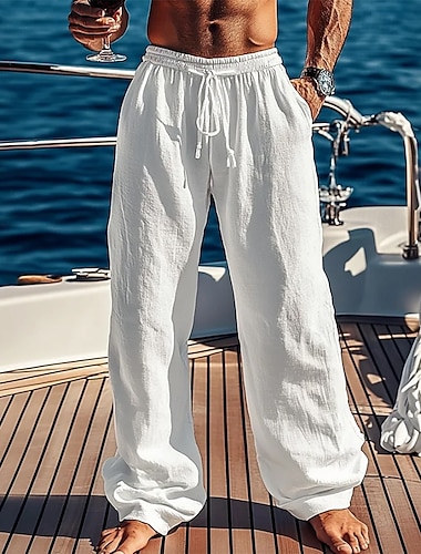  Homme Pantalons en Lin Pantalons Pantalon d'été Pantalons de Plage Avec Poches Cordon de serrage Uni Confort Respirant Vacances Quotidien Fête Hawaïen Boho Noir Blanche
