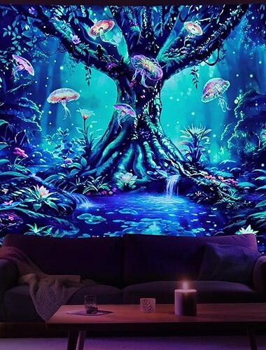  Tapisserie Nocturne Lumineuse en Noir UV Réactive Forêt Trippy Méduse Brumeuse Paysage Nature Tapisserie Suspendue Décoration Murale pour Salon Chambre