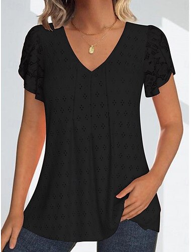  Damen Bluse Einfarbig Stilvoll Lässig Kurzarm V Ausschnitt Normale Oberteile Täglich Spitze Patchwork Schwarz Weiß Rosa Grün Sommer Frühling