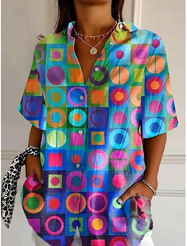  Dames Overhemd Bloemig Grafisch Abstract Dagelijks Casual Korte mouw Overhemdkraag Normale tops Dagelijks blauw Fuchsia Zomer Lente