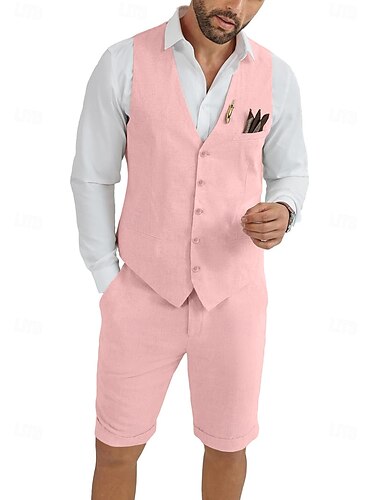  Herren Leinenweste Anzüge Hochzeit Shorts Weste Sommer einfarbig formell hellblau himmelblau dunkelmarineblau lässig zweiteilig tailliert