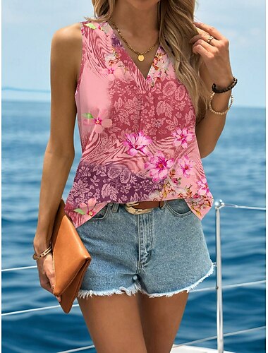  Damen Camisole Tanktop Blumen Grafik Stilvoll Lässig Ärmellos V-Ausschnitt Normal Oberteile Alltags Print Rosa Orange Grün Sommer Frühling