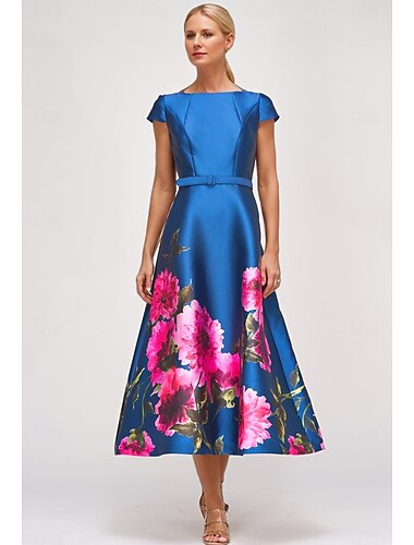  A-Linje Cocktailklänningar Hög Slits Klänning Formell Bröllopsgäst Ankel Längd Kort Ärmar Juvel Hals Ficka Satin med Blomtryck Ficka Derby Klänningar Bröllopsgästklänning 2025