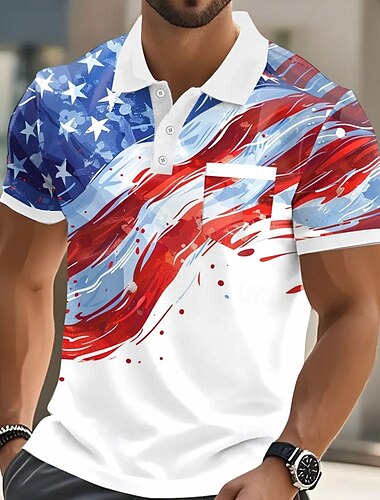  Tag der Unabhängigkeit Männlich Amerikanische US-Flagge Polo Kurzarm Umlegekragen Alltagstauglich Sport & Outdoor Lässig Knöpfe Tasche Sommer Rubinrot Weiß