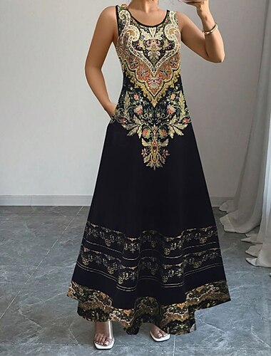  Damen Langes Kleid Maxikleid Freizeitkleid Trägerkleid Mode Outdoor Party Ferien Normale Passform Geometrisch Ärmellos Rundhalsausschnitt Schwarz Rote Grün Sommer