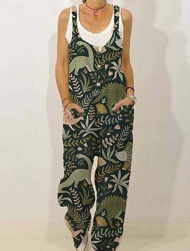 Dam Vanligt Jumpsuits Streetwear Blommig Ärmlös V-hals Ficka Mönster Gata Dagligen Normal Svart Vit Gul Sommar