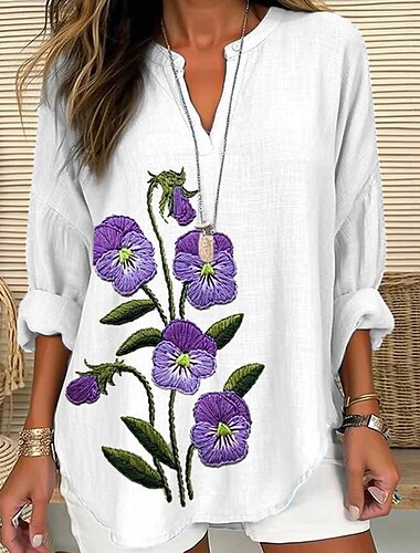  Damen Hemd Blume Täglich Stilvoll Basic Langarm V Ausschnitt Normale Oberteile Täglich Ferien Druck Schwarz Weiß Rote Frühling Herbst