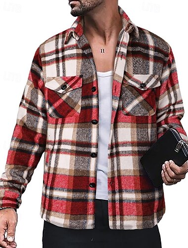  Herren Hemdjacke Winterjacken Shacket Karo Urlaub Alltagskleidung Rote Blau Orange Braun Langarm Revers Winter Herbst Bekleidung Tasche