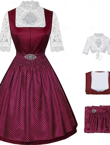  Damen Traditionelles Bayerisches Dirndl Kleid mit Spitzentop und Taillenornament für das Oktoberfest Bierfestival Kostüm