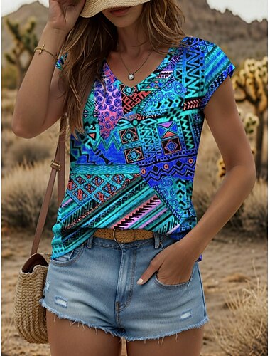  Damen Boho Camisole Tank Top Grafik Geometrisch Vintage Stilvoll Klassisch Ärmellos Kurzarm V-Ausschnitt Normal Oberteile Alltagsdruck Gelb Rot Blau Lila Grün Sommer Frühling