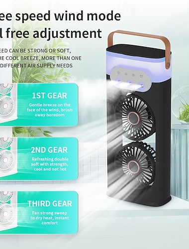  Ventilador de niebla portátil de doble cabezal con humidificador, ventilador de enfriamiento recargable por USB con 3 velocidades y luz LED para viajes de oficina en casa