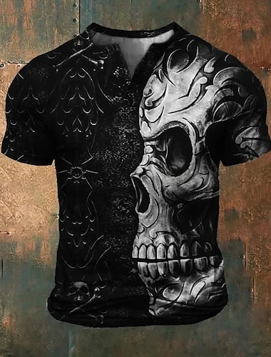  Voor heren Coole schedels T-shirt Henley-shirt Korte mouw Ontwerper Retro vintage Straat Casual Dagelijks Zomer Lente Donker Bruin Zwart Henley Henley-T-shirt